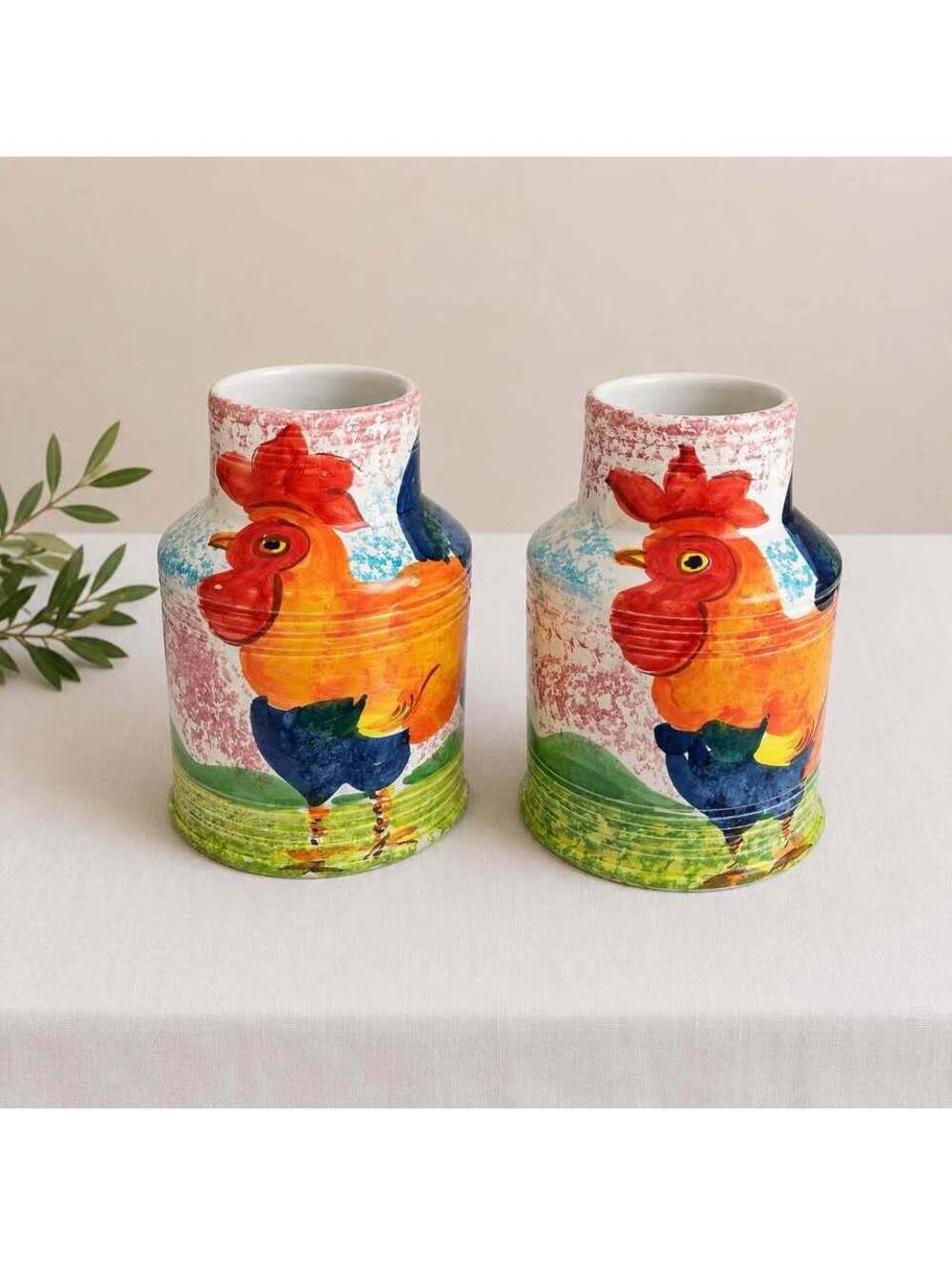 Vintage Bellini Piu Italy Rooster Ceramic Vases Pair Hand Painted 9.5”